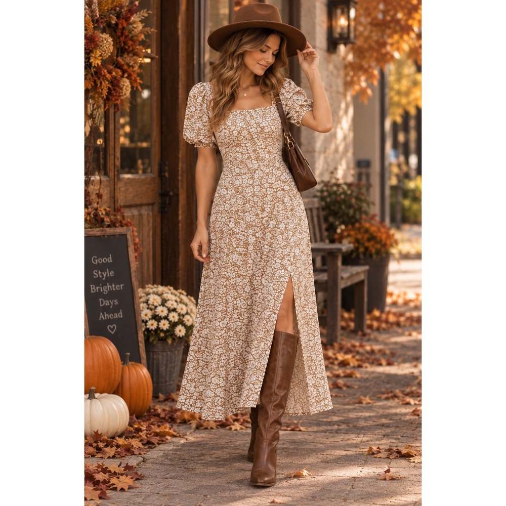 Altar'd State Tan Floral Puff Sleeve Tie Back Midi Dress with Slit